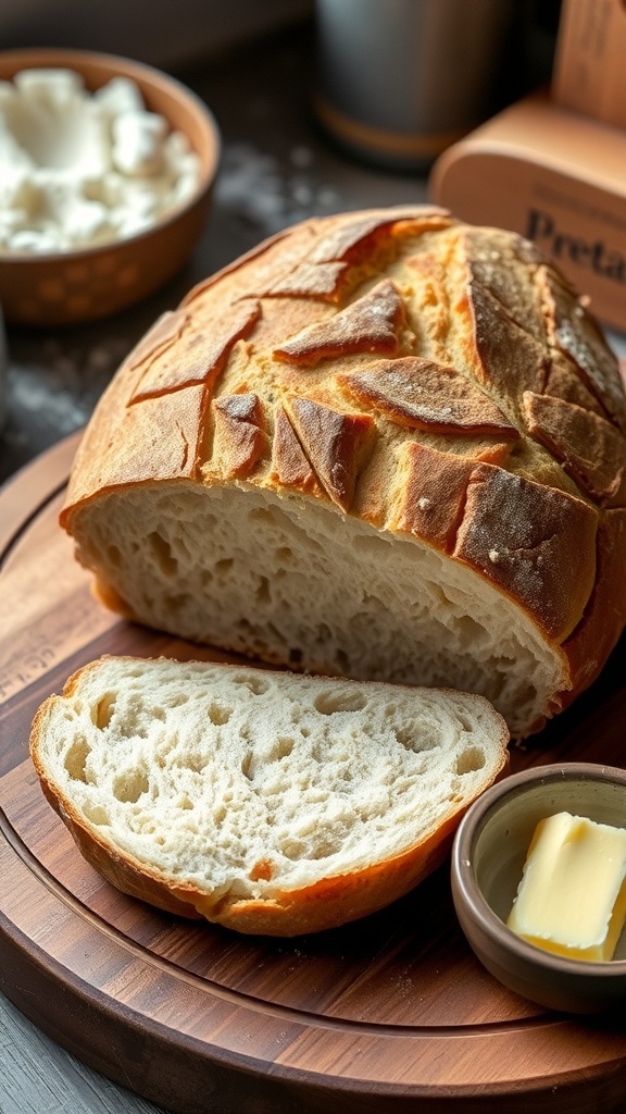 A golden-brown crusty sourdough bread loaf on a cutting board with a slice cut to show the soft interior.